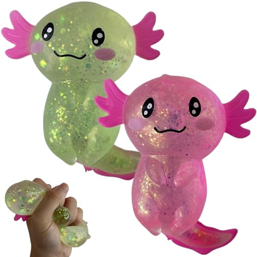 Quetschspielzeug Stressspielzeug 2 Stück glitzernde Axolotl-Quetschspielzeuge entzückendes Axolotl-Spielzeug entspannender sensorischer Stress Zuckerball dehnbares Axolotl-Zappelspielzeug für Kinder u von HoveeLuty