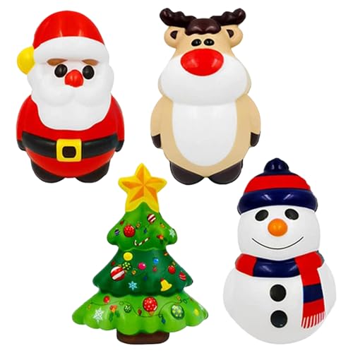 Weihnachts-Squishies, 4 Stück/Set, Weihnachts-Stressbälle mit Weihnachtsmann, Schneemann, Elch, Weihnachtsbaum, niedliches Weihnachtsspielzeug zum Stressabbau, weicher Stressball, große Stressbälle fü von HoveeLuty