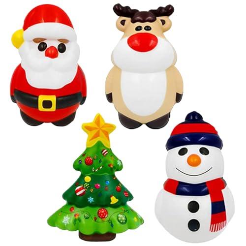 Weihnachts-Squishies, 4 Stück/Set, Weihnachts-Stressbälle mit Weihnachtsmann, Schneemann, Elch, Weihnachtsbaum, niedliches Weihnachtsspielzeug zum Stressabbau, weicher Stressball, große Stressbälle fü von HoveeLuty