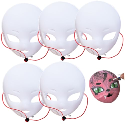 Weiße Maske, 5 Stück PVC-Fursuit-Kopfmaske mit großen Augen und Riemen, DIY-Maskenkostüm zum Bemalen, lustige Cosplay-Maske für Kawaii-Maskenball, Halloween, pelziger Kopf, Therian-Maske, weiße Maske von HoveeLuty