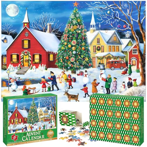 Adventskalender 2024 Puzzles für Erwachsene und Kinder, 24 Boxen 1000 Teile Weihnachtspuzzle – Schneedorf, Weihnachts-Countdown-Kalender, Geschenke für Frauen und Männer, 70,1 x 50 cm von HozHoy