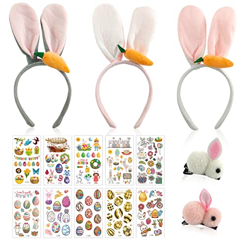 3 Stück Ostern Hasenohren Haarreifen,Plüsch Osterhase Ohren,Hasenohren Haarreif,Hase Ohren Stirnband mit 2pcs Hasen Haarspangen und 10 Osteraufkleber,für Mädchen Ostern Mottoparty Kostüm Zubehör von Hpbaggy