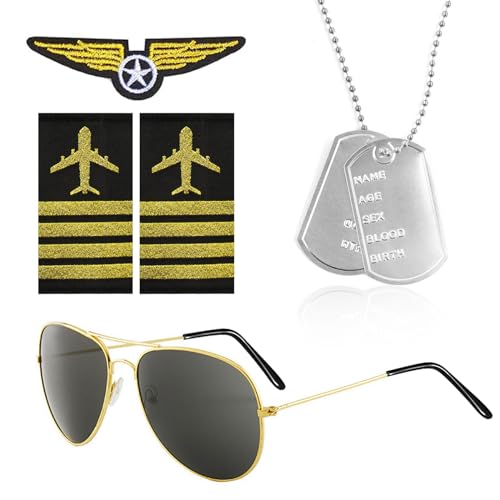 4 Stück Flieger Verkleidung Accessoires,Sonnenbrille Fliegerbrille,Silber Erkennungsmarke Kette,Schulterklappen,Patch,Pilot Kostüm Flieger Zubehör,für Männer Frauen Erwachsene Cosplay Party Thema von Hpbaggy