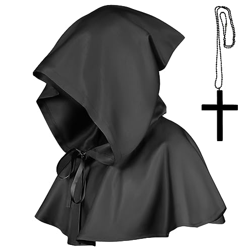 Hpbaggy Mittelalter Kurzhaube Kapuzenmantel, Unisex Mittelalterliche Kapuze Halloween, mit Kreuz Halskette, Mittelalterliche Kapuzen Cowl, Halloween, Karneval Cosplay Kostüme für Männer und Frauen von Hpbaggy