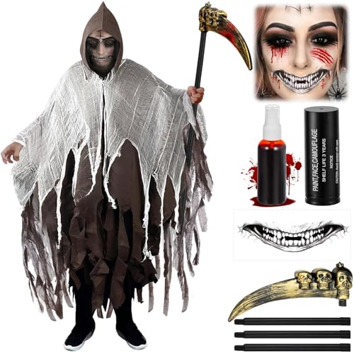 Sensenmann Kostüm Herren mit Kapuze Kostüm Halloween Zerrissenen Robe Horror mit Sichel Künstliches Plasma Schminkstift Großes Tattoo-Aufkleber Erwachsene Cosplay Requisiten für Halloween, Karneval von Hpbaggy