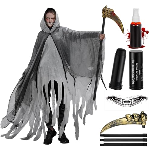 Sensenmann Kostüm Herren mit Kapuze Kostüm Halloween Zerrissenen Robe Horror mit Sichel Künstliches Plasma Schminkstift Großes Tattoo-Aufkleber Erwachsene Cosplay Requisiten für Halloween, Karneval von Hpbaggy