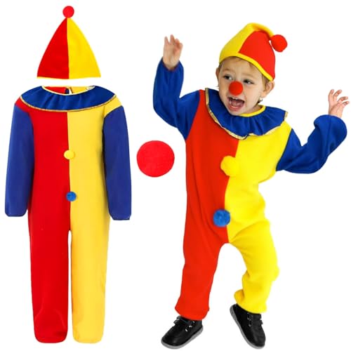 3er Clown Kostüm Kinder,Karneval Cosplay Costume für Kleinkind Junge Mädchen,mit Clown Jumpsuit,Hut und Nase,Karnevalskostüm Faschingkostüme Kinder,Clown Kostümzubehör,110~120cm von Hpbaggy