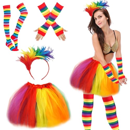 Hpbaggy 4er Karneval Kostüm Damen,mit Regenbogen Tüllrock,Kniestrümpfe Damen Bunt,Fingerlose Handschuhe,Bunte Feder-Haarbänder,Regenbogen Kostüm Damen,Fasching Accessoires (Regenbogen, Polybaumwolle) von Hpbaggy