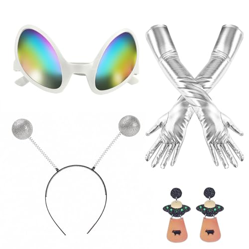 Hpbaggy Alien Kostüm Set,Alien Haarreif Rave Outfit,Alien Stirnband und Brille Handschuhe,Alien Haarreif Alien Brille,Glitzer Alien Haarreif in silver,Damen Verkleidung Erwachsene Kostüm Zubehör von Hpbaggy