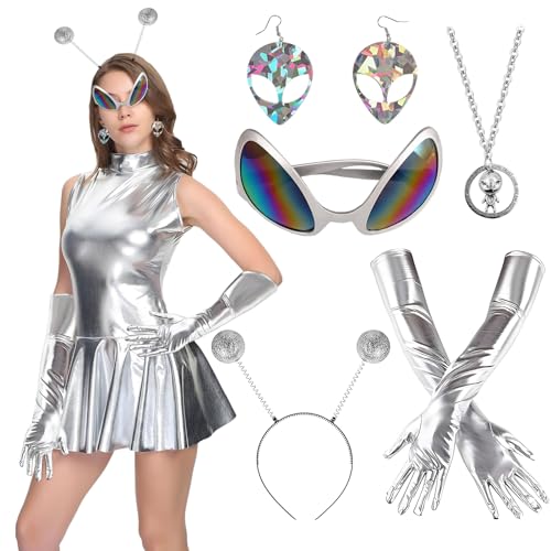 Alien Kostüm Set,Alien Haarreif Rave Outfit,Alien Stirnband und Brille Handschuhe,Alien Haarreif Alien Brille,Glitzer Alien Haarreif in Silver,Damen Verkleidung Erwachsene Kostüm Zubehör von Hpbaggy