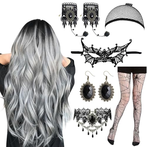 Hpbaggy Perücke Halloween Damen 7er Set, 70cm Halloween Perücke Damen Grau mit Haarnetz, Spitze Augenmaske, Strümpfe, Gotischer Halskette Armbänder und Ohrring, für Halloween Karneval, Mottoparty von Hpbaggy