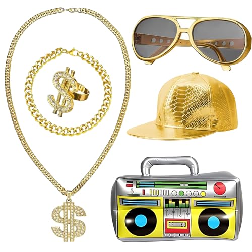 Hpbaggy Hip Hop Kostüm,6 Stück Zuhälter Kostüm mit Golden Baseball Cap/Dollar Kette/Dollar Ring/Goldene Armband/Goldene Brille/Aufblasbare Boom Box,80/90er Rapper Accessoires für Fasching Karneval von Hpbaggy