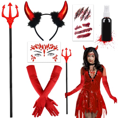 Hpbaggy Teufel Kostüm Damen Mädchen,Teufelshörner Teufels Ohren Haarreif,Handschuhe,Tattoo,Teufelheugabel,Glitzersteine gesicht,Kunstblut Spray,Teufel Kostüm Accessorie Halloween Karneval Fasching von Hpbaggy