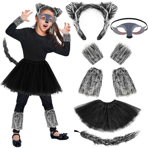 Hpbaggy Werwolf Kostüm Kinder,Wolf Ohren und Schwanz Set,Wolf Maske Haarreifen Pfoten Tüllrock,Tierkostüm für Mädchen Karneval Cosplay Geburtstag Party,Halloween Faschingskostüme Accessoire von Hpbaggy