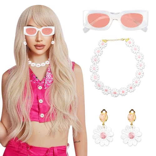 Kostüm Zubehör Set,Pink Costume Accessories,Rosafarbenes Cosplay Kostüm,Damen Zubehör Set,Chiffon Schal Haarspange Schleife Sonnenbrille Ohrringe,80er Jahre Outfit Damen Mottoparty von Hpbaggy