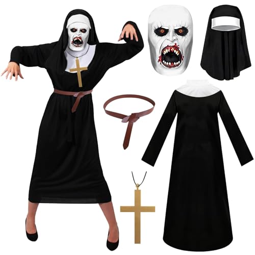 Schwarz Nonnenkostüm Damen Halloween Set Nonne Kloster Schwester Mittelalterliche Kleidung mit Nonne Horror Latexmaske Nonnenhaube Kreuz Halskette Gürtel Für Halloween Karneval Mottoparty Cosplay (XL) von Hpbaggy