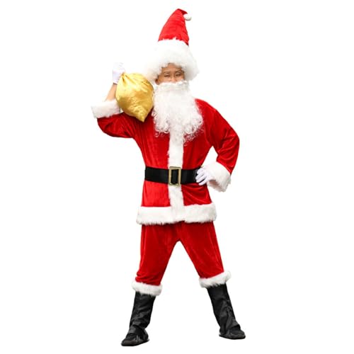 10pcs Santa Anzugset, Santa-Kostüm für Erwachsene Männer 4xl-Deluxe Weihnachts-Weihnachtsmann-Anzug enthalten Kleidung, Perücke, Brille, Bag und Handschuhe warm bequemes Santa-Outfit für Cosplay-Pa von Hperu