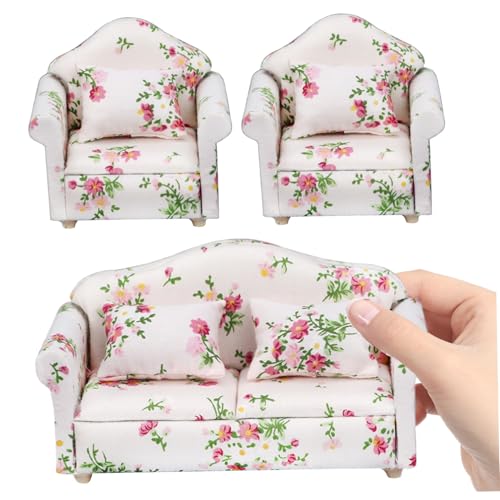 3 PCs/Set Miniaturmöbel 1:12 Mini Holzpuppenhaus Couch mit 2 PCs Single Dollhouse Sofa Blumenmuster Dollhouse Stuhlmöbel mit 4 PCs Kissen, Dollhouse Sofa, Puppenhaus -Couch von Hperu