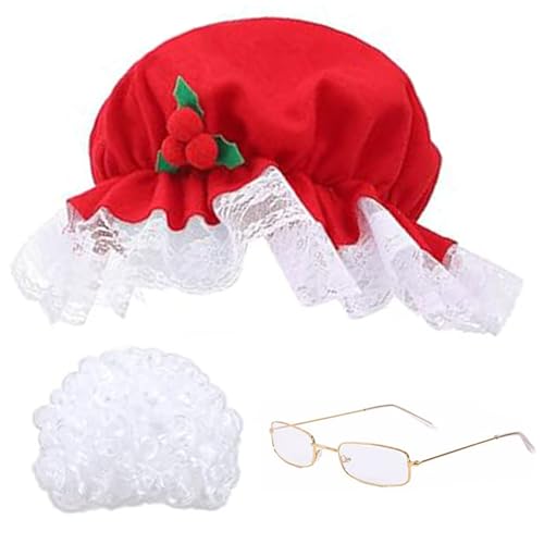 4 PCs/festgelegte Weihnachtskostüme, Frau Claus Kostüm umfasst weiße Perücke, rote Weihnachtshut, Brille, Haarnetz Einer Größe Old Lady Kostüm für Adult Christmas Cosplay von Hperu