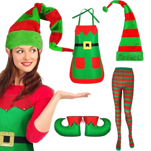 4PCS/SET -Elf -Kostüm für Frauen Weihnachtskostüm Beinhaltet Weihnachtsschürze, Elf -Schuhe, Elf -Hut und gestreifte Strümpfe, Weihnachtspartei für Weihnachtsfeier von Hperu