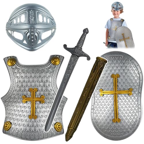 4PCS/SET mittelalterliche Rüstung Kreuzmuster mittelalterlicher Ritterpanzer enthalten Helm, Schild, Schwert und Körperpanzer, Kinder verkleiden Kostüme für Rollenspiele, Cosplay von Hperu