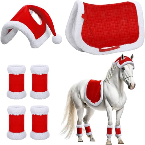 6PCS/Set Horse Hut Weihnachtskostüme beinhaltet Weihnachtsfleisch -Hut -Hut, 4pcs Pferdebein Wraps & Pferdsattel, weiche Dicke Plüsch -Weihnachtskostüme für Weihnachtspferde Dekor Dekor von Hperu