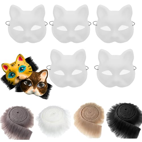 9pcs Therian Cat Maske und Faux Fuzzy Fabric Kit PVC Eye Meshes Leere Katzenmasken zum Malen, Tiermaske Kunsthandwerkskit, Kostümmasken für Halloween Masquerade Cosplay Party von Hperu