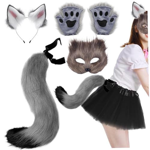 Fox -Kostüm, Fox -Kostüm 1 Set Realistic Fluffy Cute Grey Decorative Therian Getriebe umfasst Fox -Maske, Fuchsohren, Fuchsschwanz und Fuchspfoten für Masquerade Cosplay Party Halloween Fox Maske von Hperu