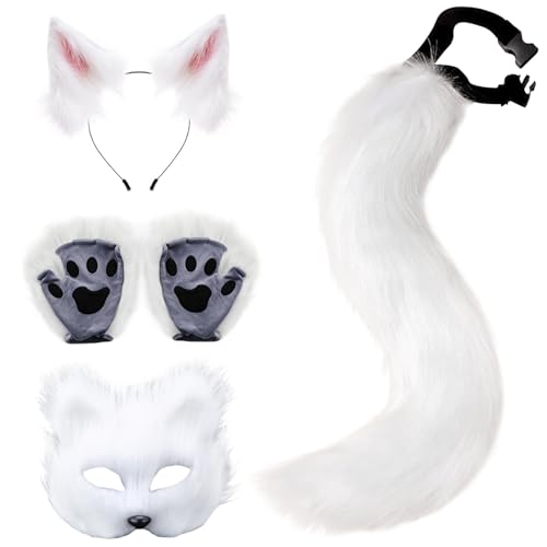 Fox -Kostüm, Fox Kostüm 1 Set Realistic Plüsch weiße thematische Therian -Ausrüstung umfasst Fox -Maske, Fuchsohren, Fuchsschwanz und Fuchspfoten für Masquerade Cosplay Party Halloween Fox Maske von Hperu