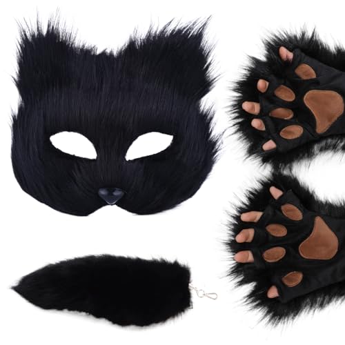 Fox-Maske, Therian Maske mit halber Gesichtsmaske, gefälschte Therian Tails und Faux Therian Paws Handschuhe, weiche pelzige Therian-Ausrüstung, pelziges Kostüm für Maskerade Party Ostern Cosplay von Hperu