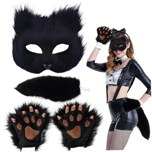 Fox-Maske, Therian Maske mit halber Gesichtsmaske, gefälschte Therian Tails und Faux Therian Paws Handschuhe, weiche pelzige Therian-Ausrüstung, pelziges Kostüm für Maskerade Party Ostern Cosplay von Hperu