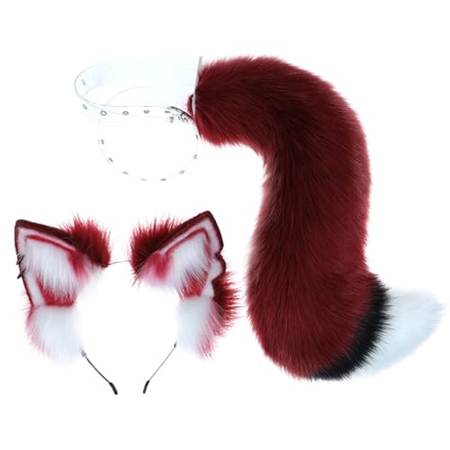 Fuchsohren und Schwanzset, Wolf Ohren und Schwanzplüschstoff Wein rot mit eingebauten Skelett Cosplay Headwear Fox Kostüm Fuchs Ohren und Schwanzset für Lolita, Halloween, Weihnachtsfeier von Hperu