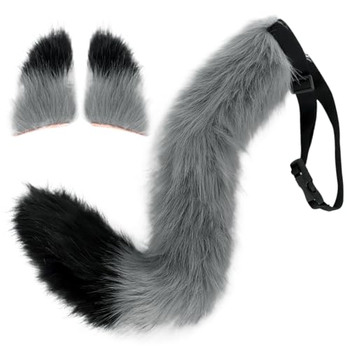 Graue Fuchsohren und Schwanzset, Fuchsschwanz und Fuchsohren Haarclip 25.6 Langflauschige pelzige Schwanz Therian Gear Fox Kostüme für Cosplay -Party Maskerade Halloween von Hperu