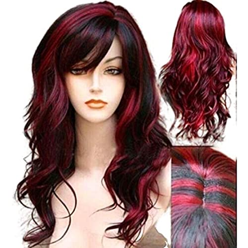 Halloween -Perücken für Frauen Kurzes lockiges Perücken mit Pony Synthetic Long Hair Wavy Black and Red Perücken Cosplay Kostüm Halloween Kostüm Perücken für Frauen, Vampirperücke von Hperu