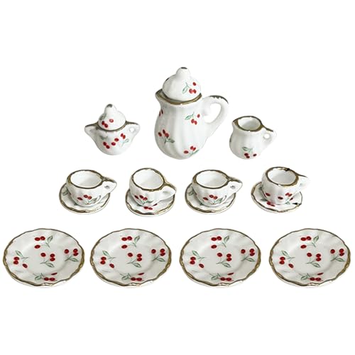 Hperu 15pcs Miniaturpuppenhaus Keramik Teekanne Set 1/12 Skala -Mini -Tee -Set, Mini -Kirschen -Muster mit goldenem Trim Esszimmer Puppenhaus Küchenzubehör von Hperu