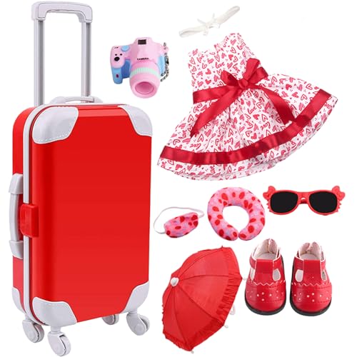 Hperu 18 Zoll Doll Travel Kit Red Doll Koffer mit Babypuppenzubehör gehören Kleid, Stirnband, Schuhe und Reisebereich DIY Geschenk für kleine Mädchen (Keine Puppe) von Hperu