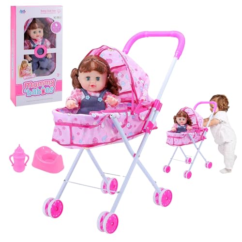 Hperu 1Set/4pcs Babypuppen Kinderwagen Set Plastik Netter Muster tragbarer Puppenwagen Set mit 22 Kinderwagen Trinkable Doll Flasche für das Totendspiel und Rollenspiel von Hperu