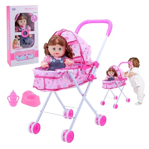 Hperu 1Set/4pcs Babypuppen Kinderwagen Set Plastik süßes Muster Babypuppe mit 22 Kinderwagen Drinkable Doll Flasche, realistischer tragbarer Puppenwagen für das Proptspiel und Rollenspiel von Hperu