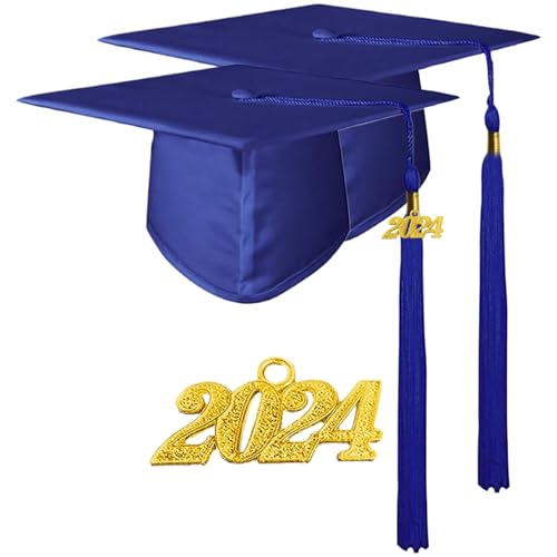 Hperu Abschlusshut, Abschlusskappe 2PCS Abschlusshut Blue Graduation Cap mit Quasten ＆ 2024 Charm Matter Adult -Abschlusskappe für High School & Bachelor Master Abschlussdekoration von Hperu