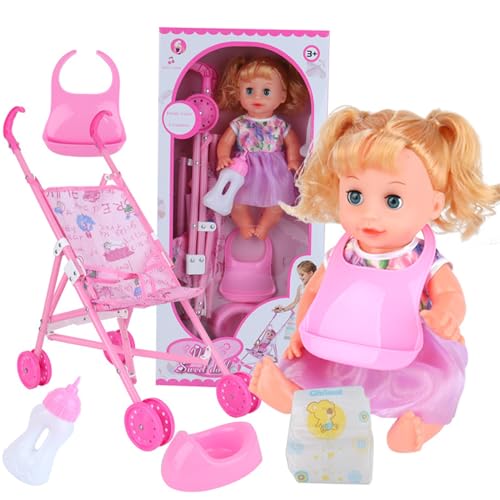 Hperu Baby Mädchen Kinderwagen für Puppen realistische interessante Babypuppe mit Kinderwagen umfasst Puppe, Kinderwagen, Windel, Flasche, Urinal und Schal für das Spielenspielspiel für Rollenspiele von Hperu