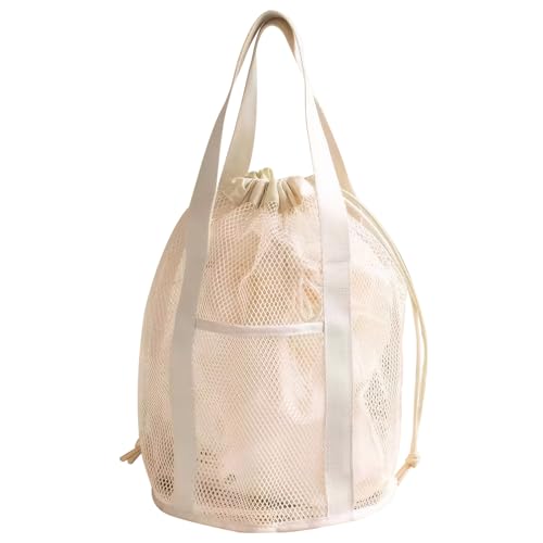 Hperu Beach Mesh Bag Kids Beach Bag Beach Tasche mit Kordelfaltblatt Strandspielzeugbeutel mit 2 Vordertaschen Schwimmbad Mesh Taschen Kordelstring für Spielzeug, Handtuch, Flip Flops Beige von Hperu