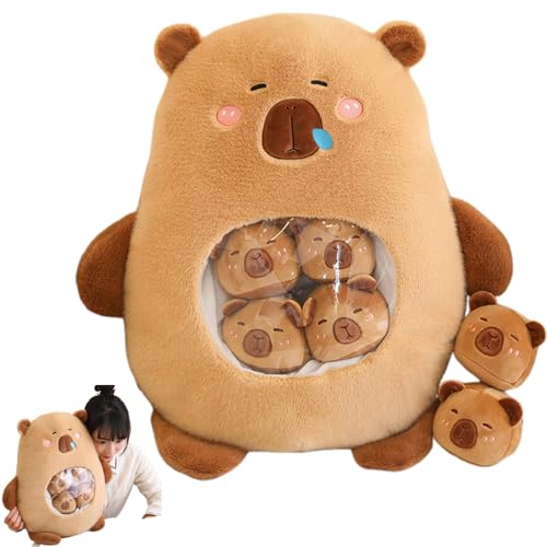 Hperu Capybara Plush, Mini Plüsch Capybara mit 6 abnehmbar in Snack Kissen Baumwolle, die entzückende kuschelige Capybara -Kissen für Kinder und Erwachsene, braun, 14x18 Zoll von Hperu