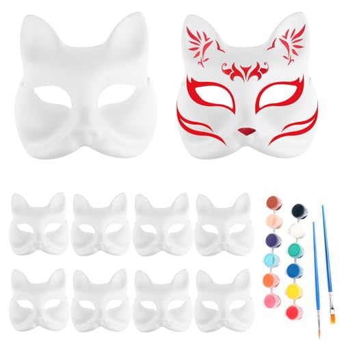 Hperu Cat Mask Fox Maske 10pcs DIY Cat Mask Cosplay Blank Halloween Gesichtsmaske mit 12 Farbenpigmenten und 2 Bürsten handbemalte weiße Papiermasken für Halloween-Party-Cosplay, Fuchsmaske von Hperu