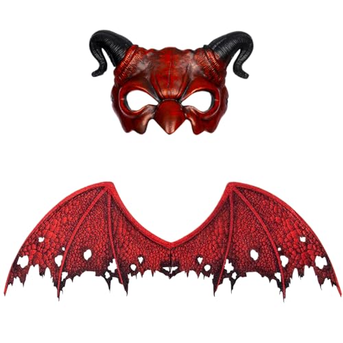 Hperu Devil Kostüm, Dämonmaske für Frauen, Red Devil Kostüm mit Halbgesicht Dragon Mask & Dragon Wing, Scary Halloween -Maske für Cosplay -Maskerade -Kostüm -Partyzubehör, Red, Demon Maske von Hperu