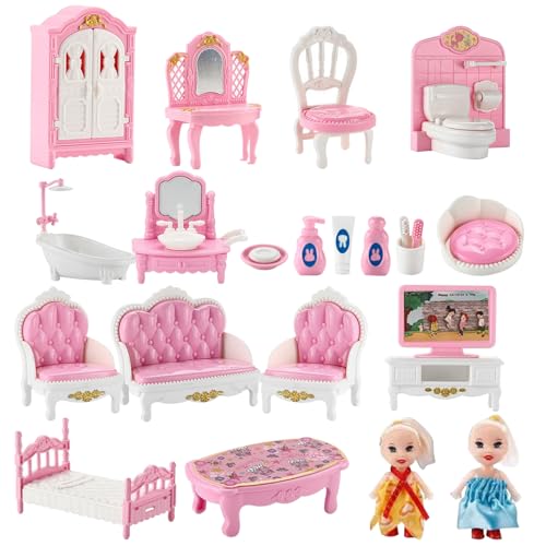 Hperu Dollhouse Möbel, Puppenhausmöbel 3 Set Schlafzimmer, Badezimmer und Wohnzimmer Dollhouse Möbel mit 2 Dollhouse Puppen künstlich realistische DIY -freundliche Puppenhausminiaturen von Hperu