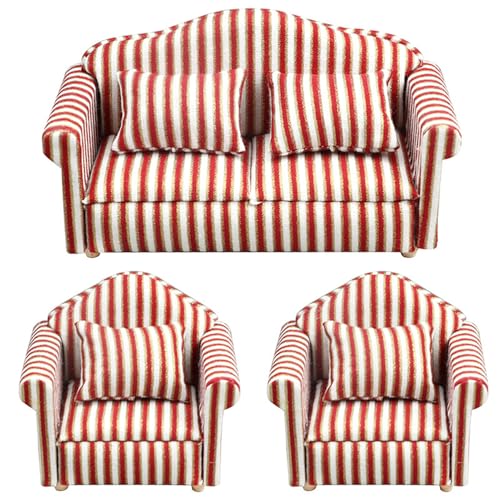 Hperu Dollhouse Sofa, Dollhouse Couch 3PCS 1:12 Skala Einsitz- und 2 -Sitz -Streifenpuppenhaus -Sofa mit Kissen realistische Miniaturpuppenhausmöbel für Wohnzimmer, Schlafzimmer, Miniaturcouch von Hperu