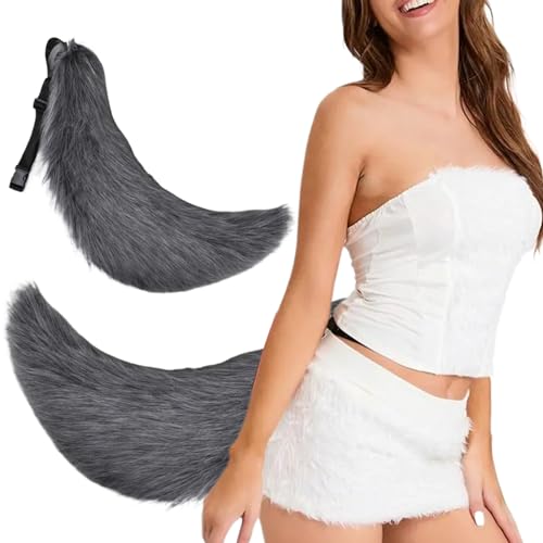 Hperu Faux Fur Tail, Therian Tail 27in Halloween Pelry Tail mit Gürtel Design Kunstpelz Wolf Schwanz für erwachsene Kinder Cosplay Party Kostümzubehör (Grau) von Hperu