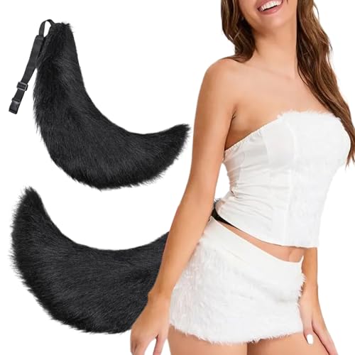 Hperu Faux Fur Tail, Therian Tail 27in Halloween Pelry Tail mit Gürtel Design Kunstpelz Wolf Schwanz für erwachsene Kinder Cosplay Party Kostümzubehör (schwarz) von Hperu