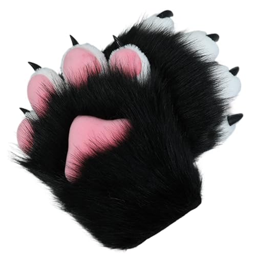 Hperu Faux Fur Therian Paws, Halloween Plüsch pelzige Katzenklauenhandschuhe Therian Gear Animal Fox Paws Fäustlinge für Erwachsene, Kinder Cosplay -Kostüm, Schwarz von Hperu