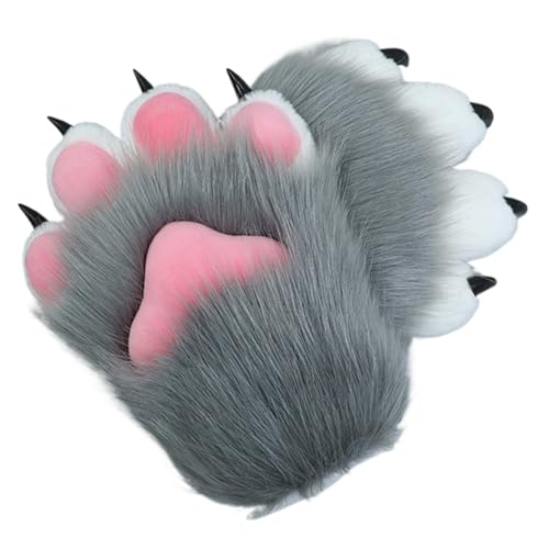 Hperu Fell Plüsch Pelzkatze Klauenhandschuhe Halloween Therian Paws Handschuhe Faux Pelry Fuchs Wolfskatze Pfoten für Halloween -Weihnachts -Cosplay -Kostümzubehör, graue Pfoten von Hperu